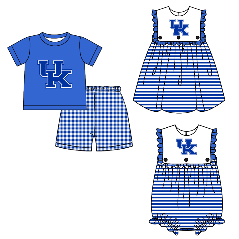 Custom moq 5 mix size milk silk summer teams Boy's blue Short-Sleeved Top And Shorts Set Girl's Sleeveless Striped Dress And Romper