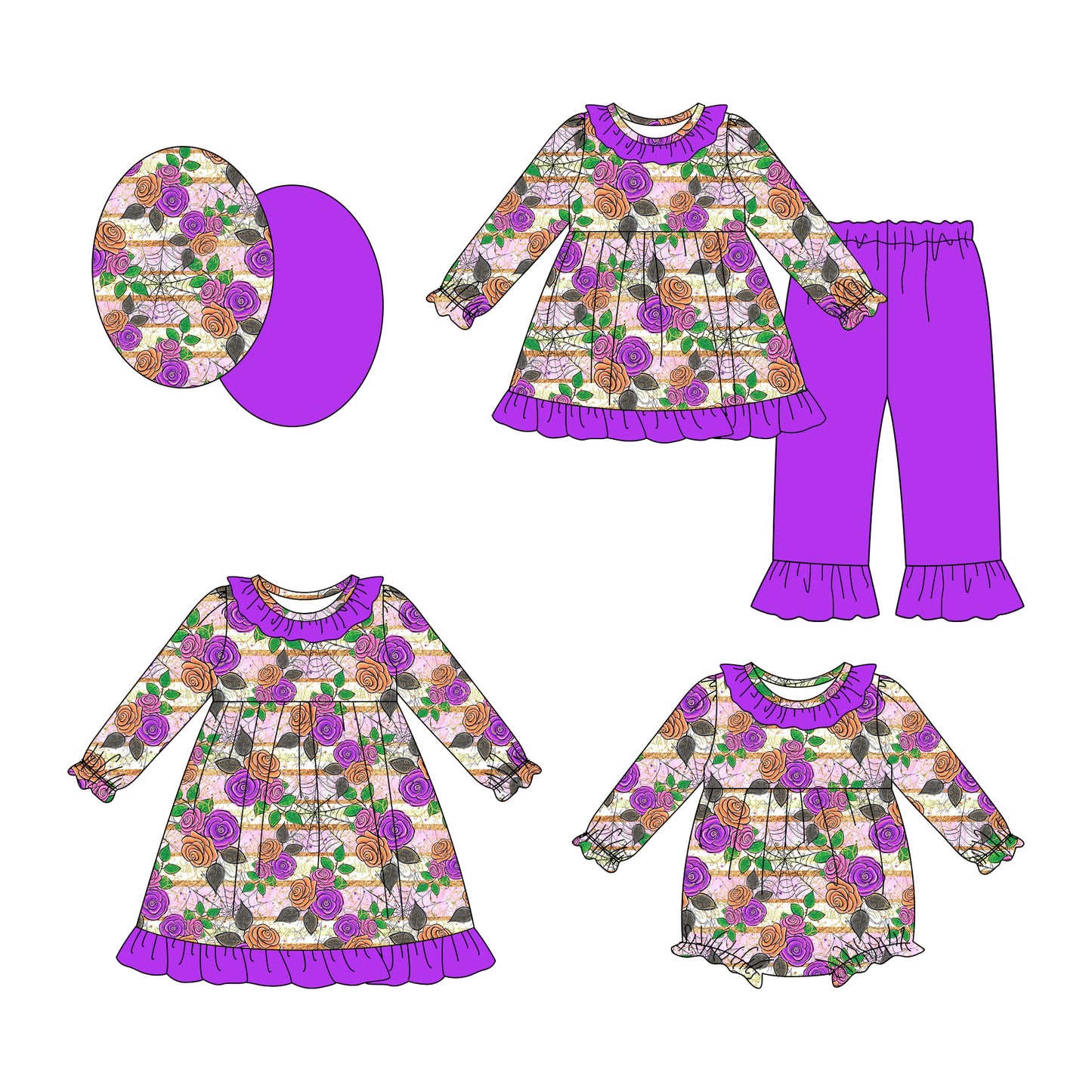 25.8.13 custom each style moq 5eta 4-6week Sibling Sisters floral purple baby girl long sleeve pants sets and dress and rompers match family design