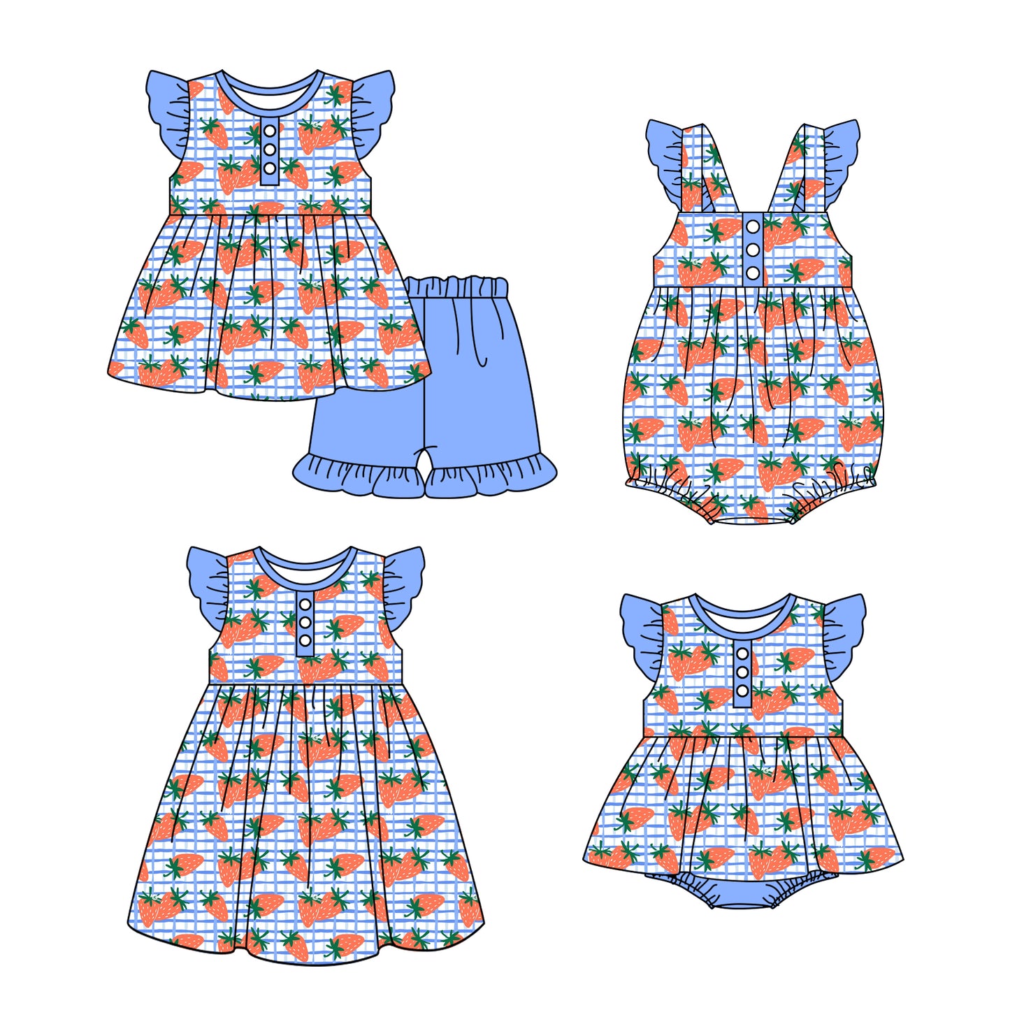 11.16 custom each style moq 5eta 4-6week Sibling Sister strawberry baby girl short sleeve shorts sets and girls romper and boy romper and dress match design