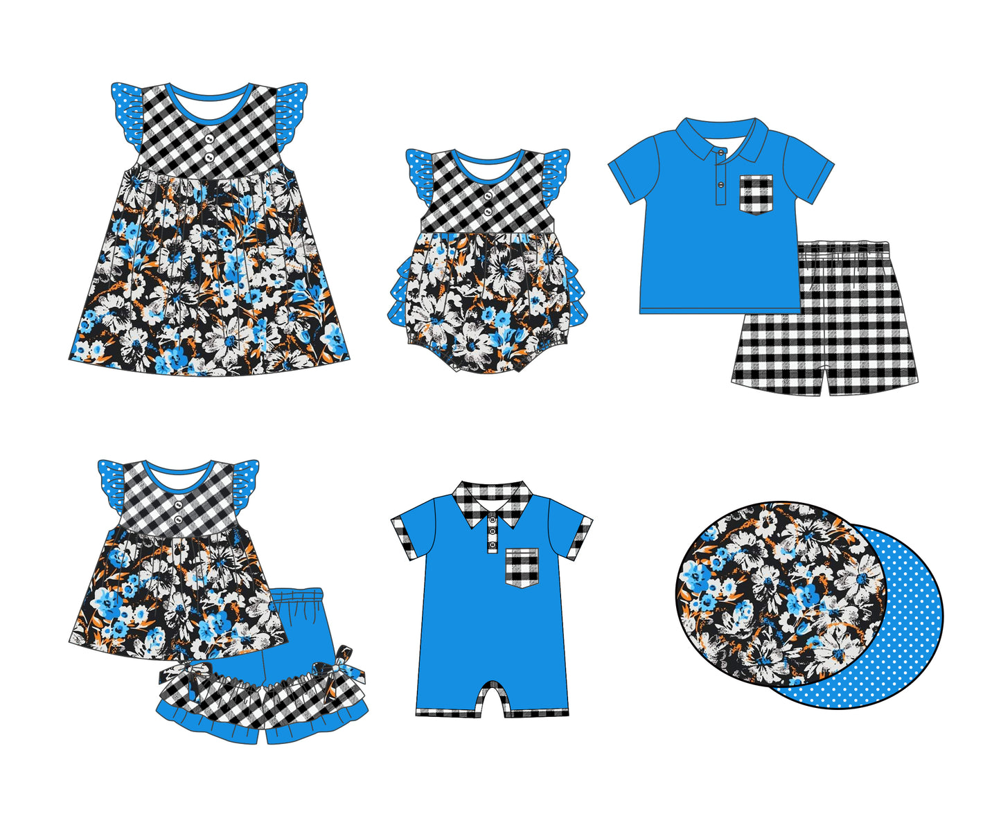 11.2 custom each style moq 5eta 4-6week Sibling Sister floral blue baby girl short sleeve shorts sets and briefs sets 2 and girls romper and boy romper and dress match design