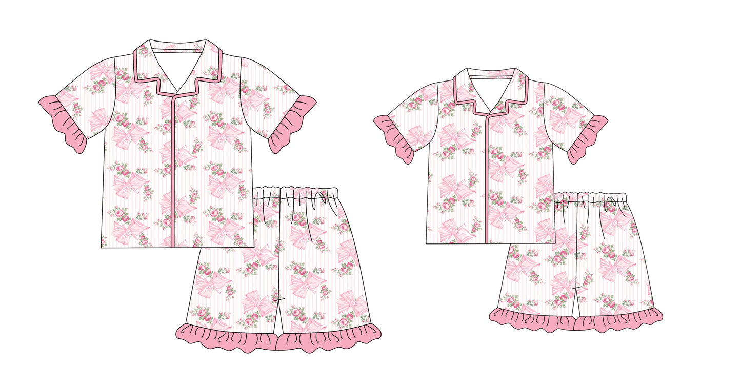12.23 custom each style moq 5eta 4-6week Sibling Sister bow pink short sleeve shorts sets and adult sets match design