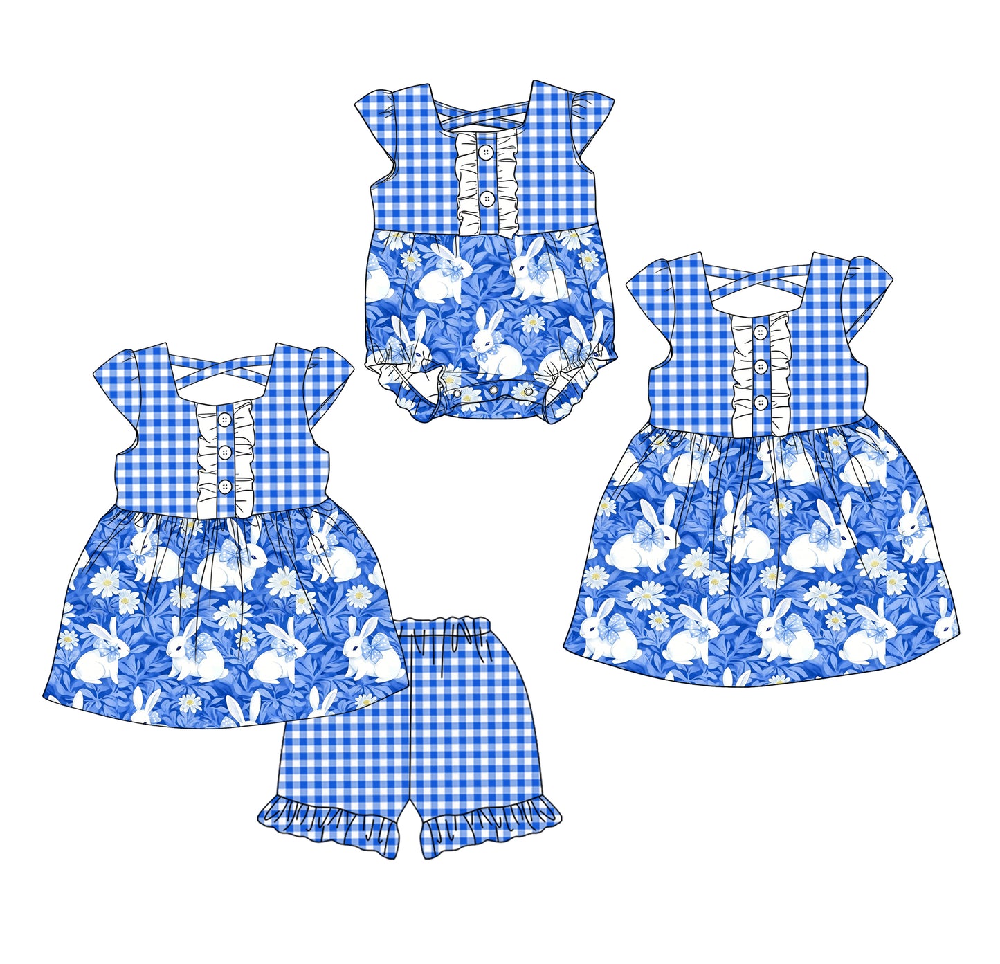 25.12.17 custom each style moq 5 eta 6-8week Sibling Sister bunny floral baby short sleeve shorts sets and romper and dress match design