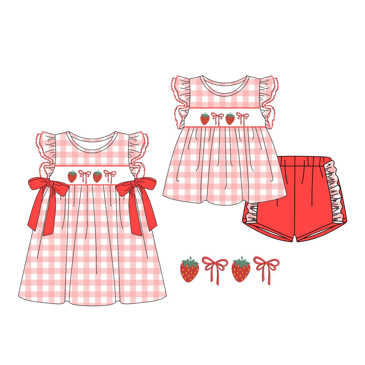 26.1.24 custom each style moq 5 eta 6-8week Sibling Sister strawberry bow baby short sleeve shorts sets and dress match design