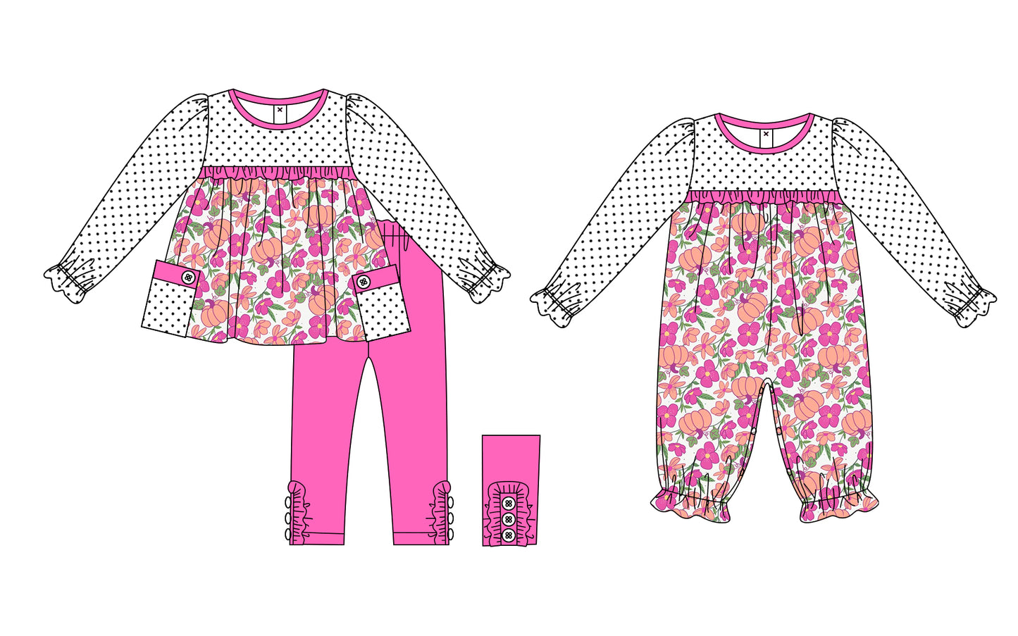 25.5.22 custom each style moq 5eta 4-6week Sibling Sisters floral pumpkin baby girl long sleeve pants sets and rompers match family design