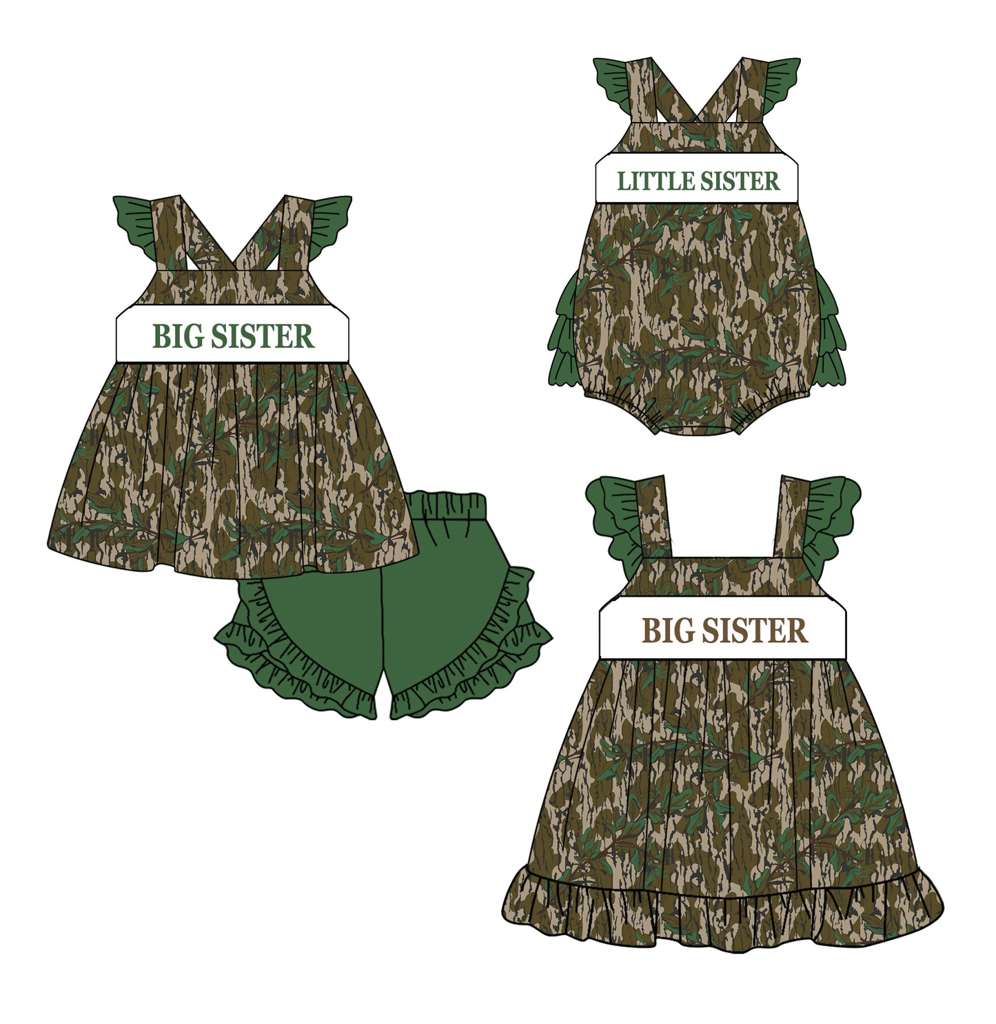 11.20 custom each style moq 5eta 4-6week Sibling Sister BIG SISTER camouflage baby girl short sleeve shorts sets and dress and rompers match family design