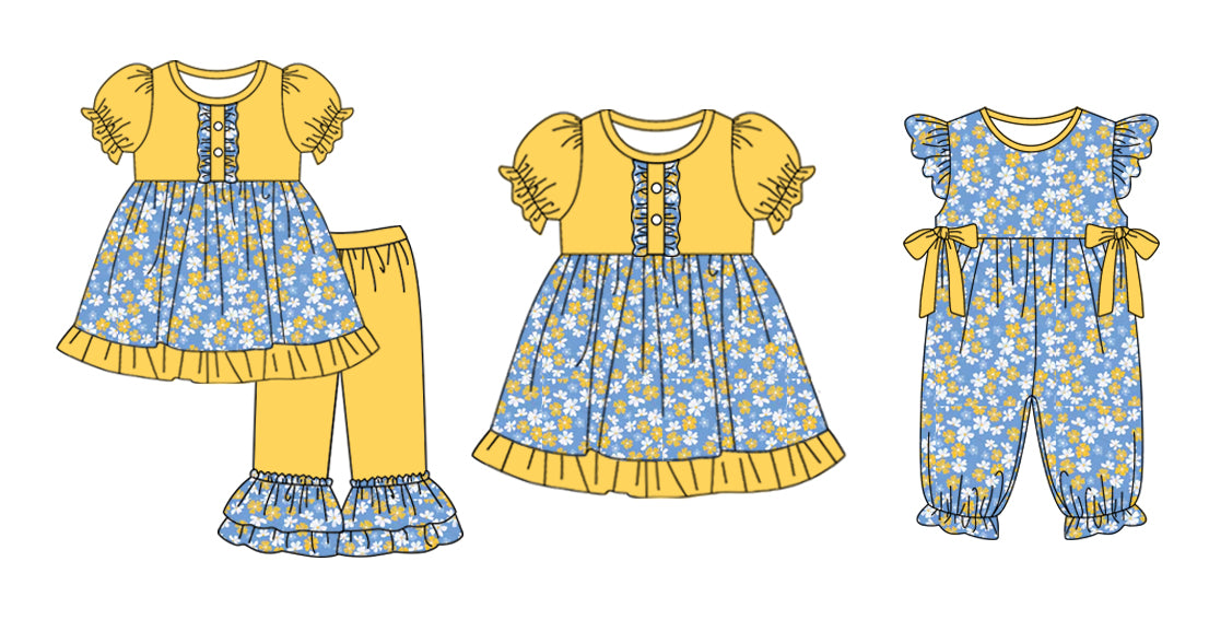 11.1 custom each style moq 5eta 4-6week Sibling Sister floral yellow baby girl sets and dress and rompers match family design