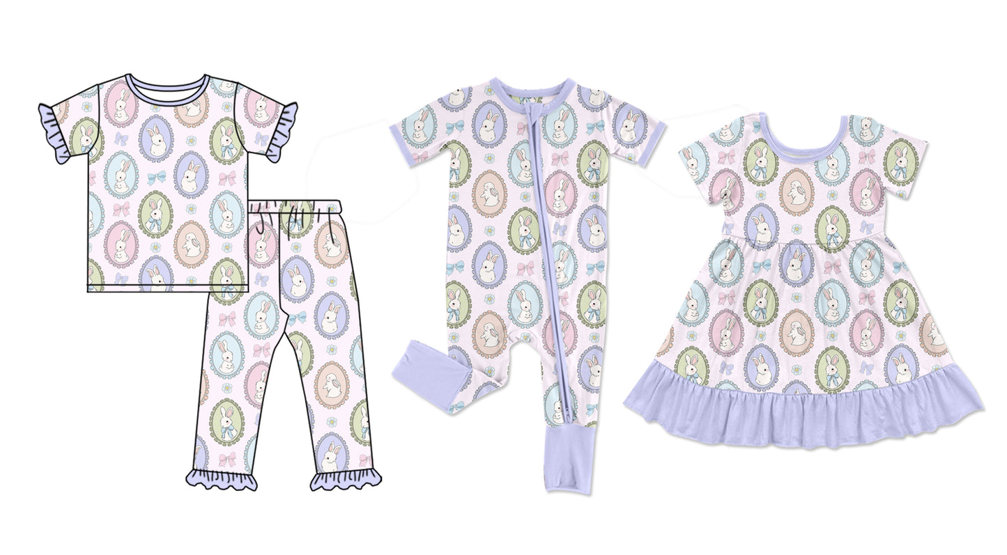 25.10.1 custom each style moq 8 eta 6-8week Sibling Sisters easter bunny baby girl short sleeve pants sets and dress and rompers match family design