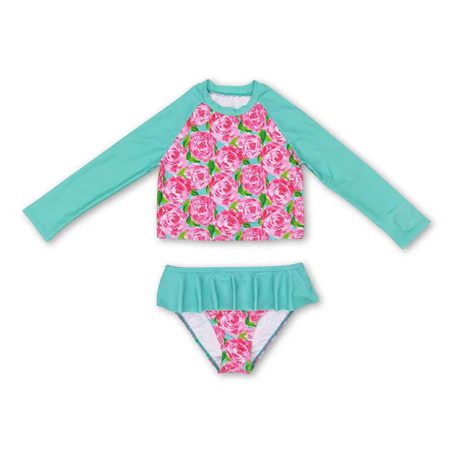 RTS NO MOQ Sibling Baby Girls Pink Flowers Long Sleeve Top Bummie Two Pieces Swimsuits