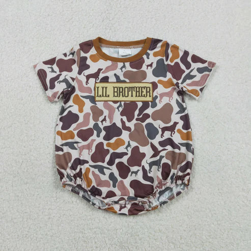 RTS NO MOQ Sibling Baby Boys Camouflage Pants And Top Set with Pockets Embroidery Big Lil Brother Hunting Theme Rompers for Kids
