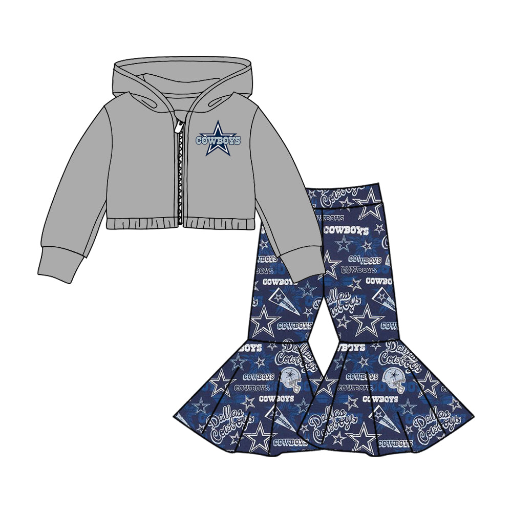 Deadline November 19 custom no moq eta 6-8weeks Gray Five-pointed Star Zipper Hooded Short Long-sleeved Jacket Blue Flared Pants Set