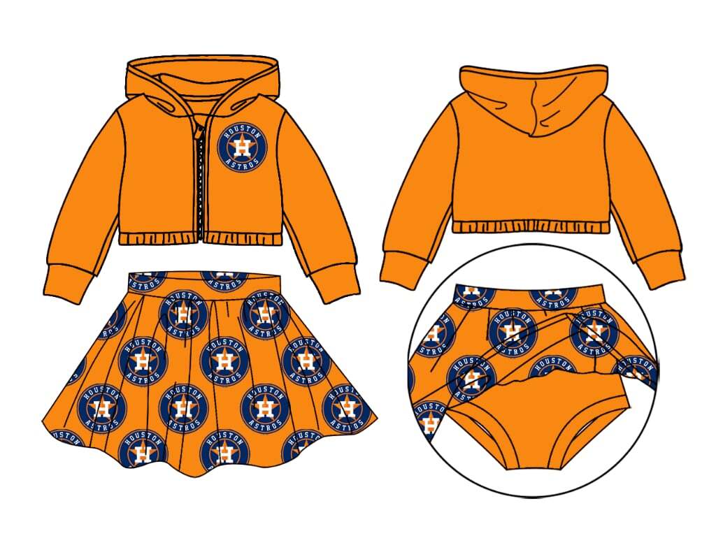 Deadline October 21 custom no moq eta 6-8weeks Striped Letter B Orange Zipper Hooded Jacket-Pleated Skirt Set