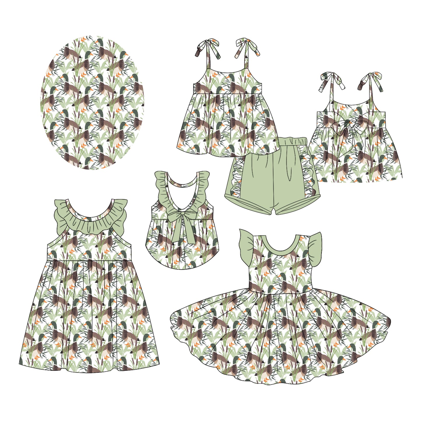 3.4 custom each style moq 5eta 4-6week Sibling Sister duck baby girl short sleeve shorts sets and dress and dress 2 match design