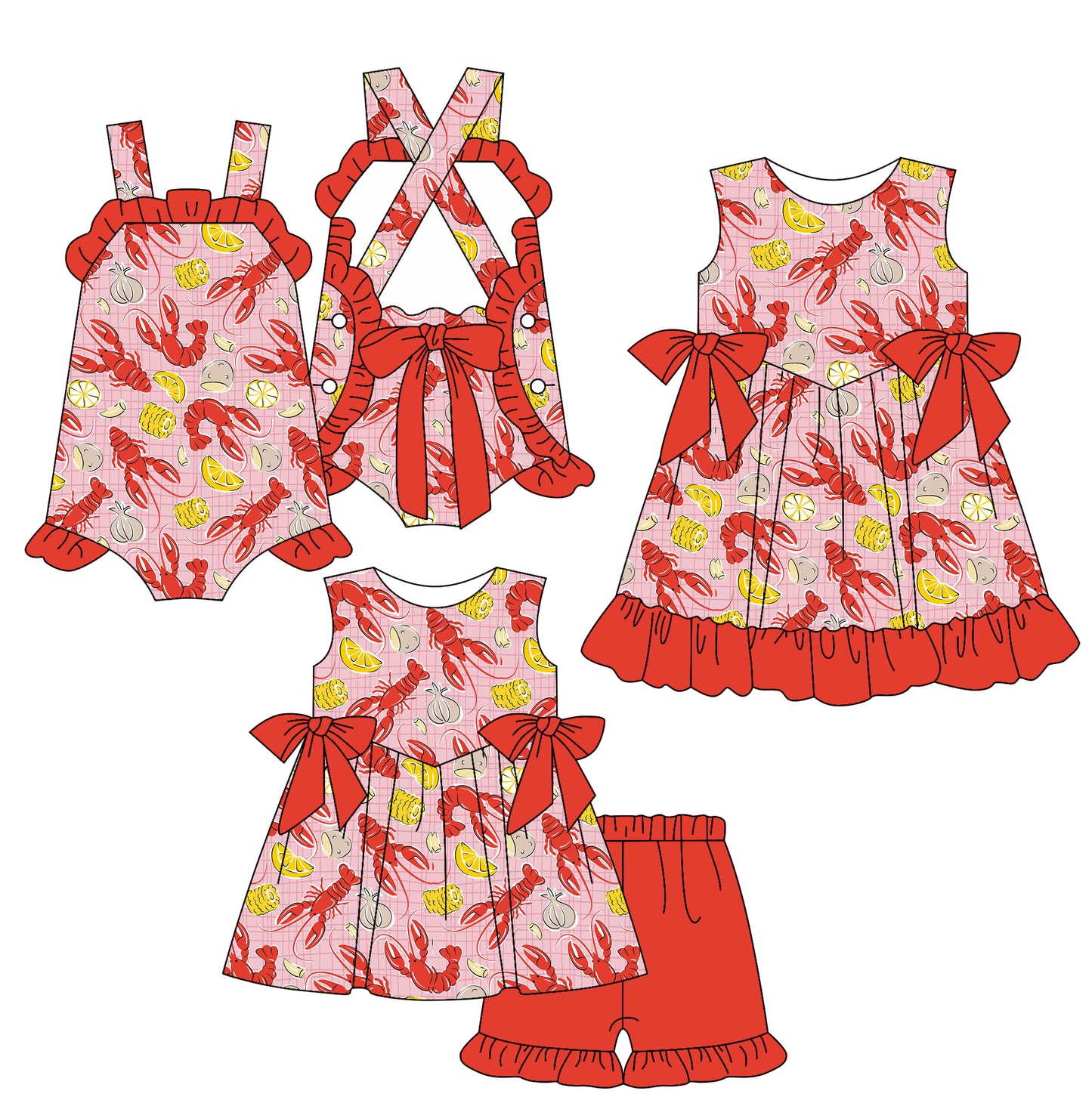 25.12.29 custom each style moq 5 eta 6-8week Sibling Sister lobster baby short sleeve shorts sets and romper and dress match design