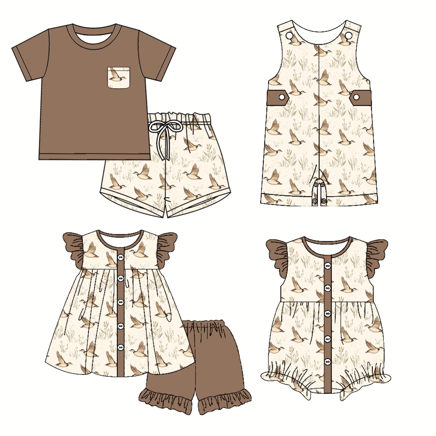 2.27 custom each style moq 5eta 4-6week Sibling Sister duck baby girl short sleeve shorts sets and sets 2 and boy romper and girl romper match design