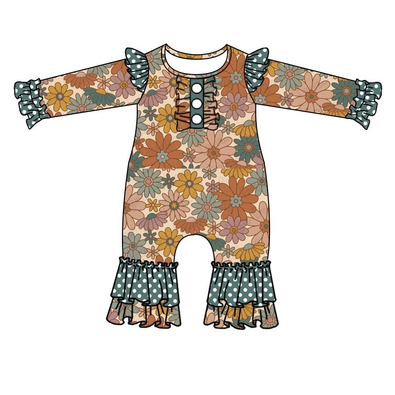 5.9custom each style moq 5eta 4-5week Sibling Sister Retro floral print green dots girls set and baby romper match family design
