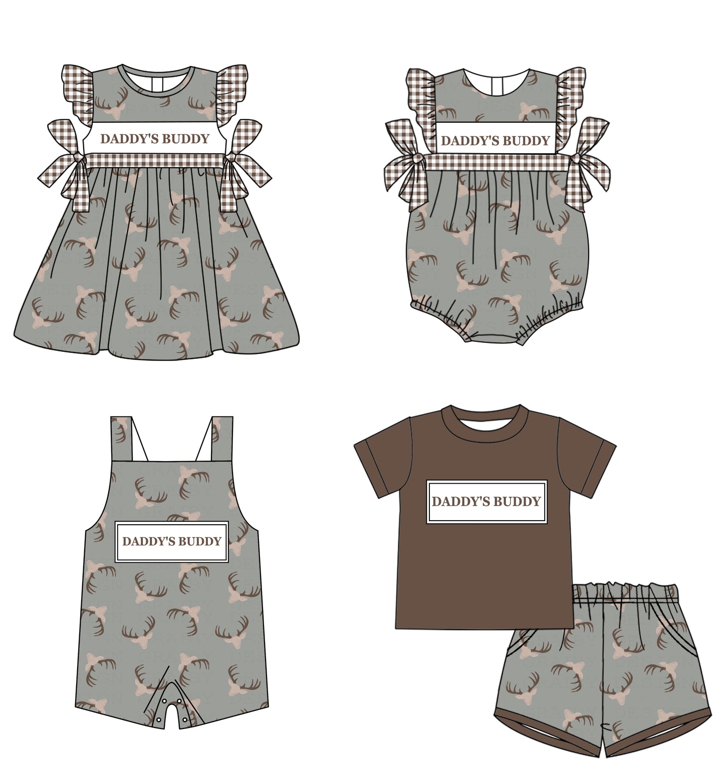 11.21 custom each style moq 5eta 4-6week Sibling Sister DADDY BUDDY deer head baby boy short sleeve shorts sets and girls romper and boy romper and dress match design