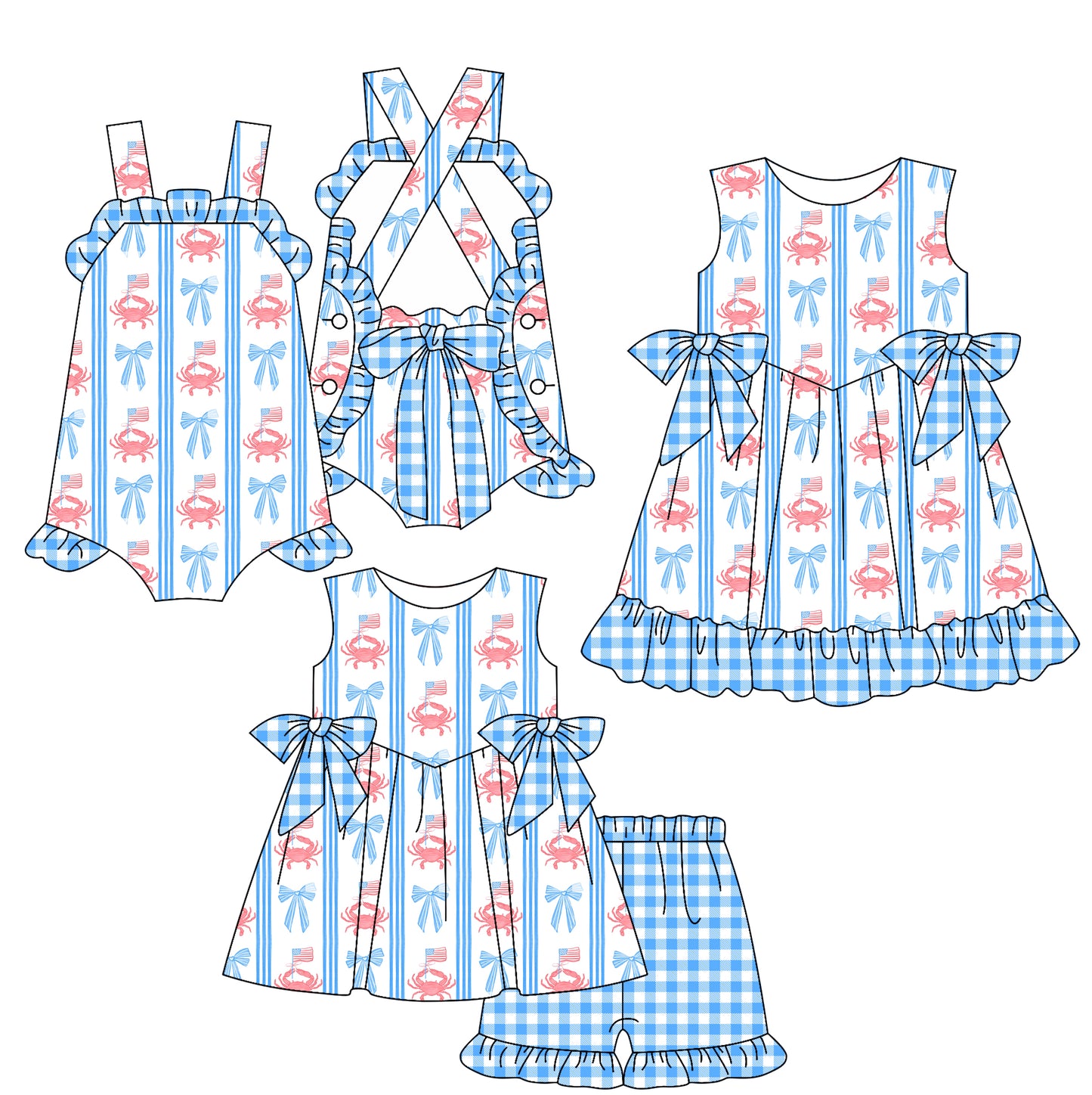 4.1 custom each style moq 5eta 4-6week Sibling Sisters bow crab flag baby girl short sleeve shorts sets and dress and rompers match family design