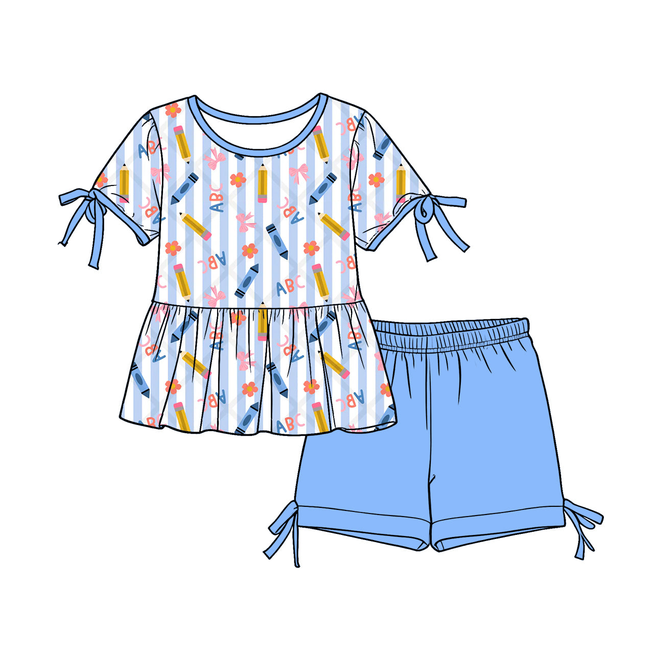 Custom moq 5 mix size Baby Girl Back To School Short-Sleeved Top And Blue Shorts Set Cute And Comfortable Clothing