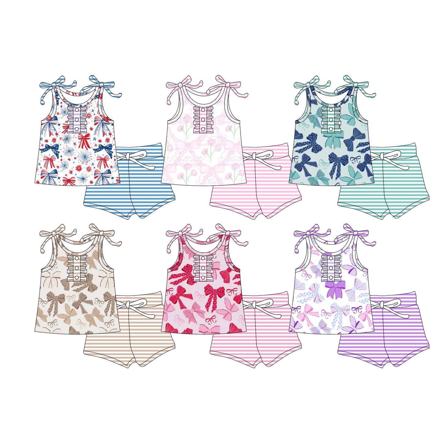 3.3 custom each style moq 5eta 4-6week Sibling Sister bow baby girls short sleeve shorts sets and set 6 match design