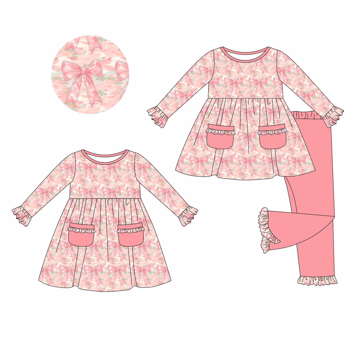 25.5.17 custom each style moq 5eta 4-6week Sibling Sisters bow pink baby girl long sleeve pants sets and dress match family design