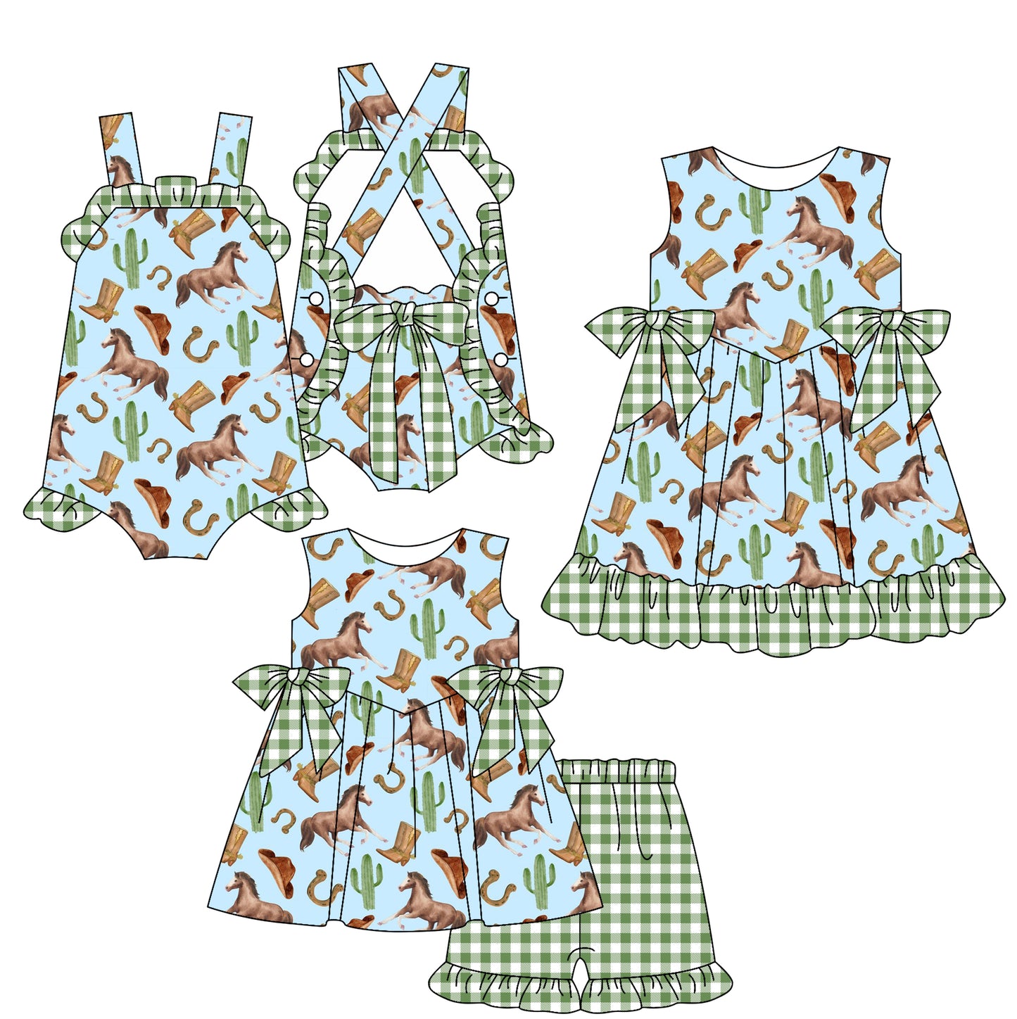 2.17 custom each style moq 5eta 4-6week Sibling Sisters hat boots catcus baby girl short sleeve shorts sets and dress and rompers match family design