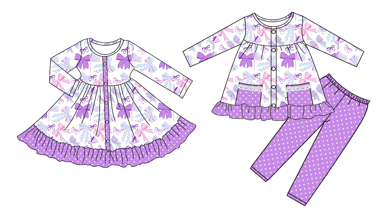 25.7.28 custom each style moq 5eta 4-6week Sibling Sisters bow purple baby girl long sleeve pants sets and dress match family design