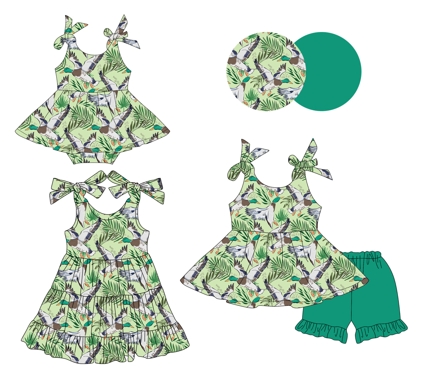 3.14 custom each style moq 5eta 4-6week Sibling Sisters duck baby girl short sleeve shorts sets and dress and rompers match family design