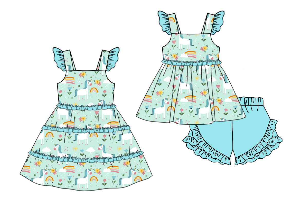 11.9 custom each style moq 5eta 4-6week Sibling Sister rainbow baby girl short sleeve shorts sets and dresses match design