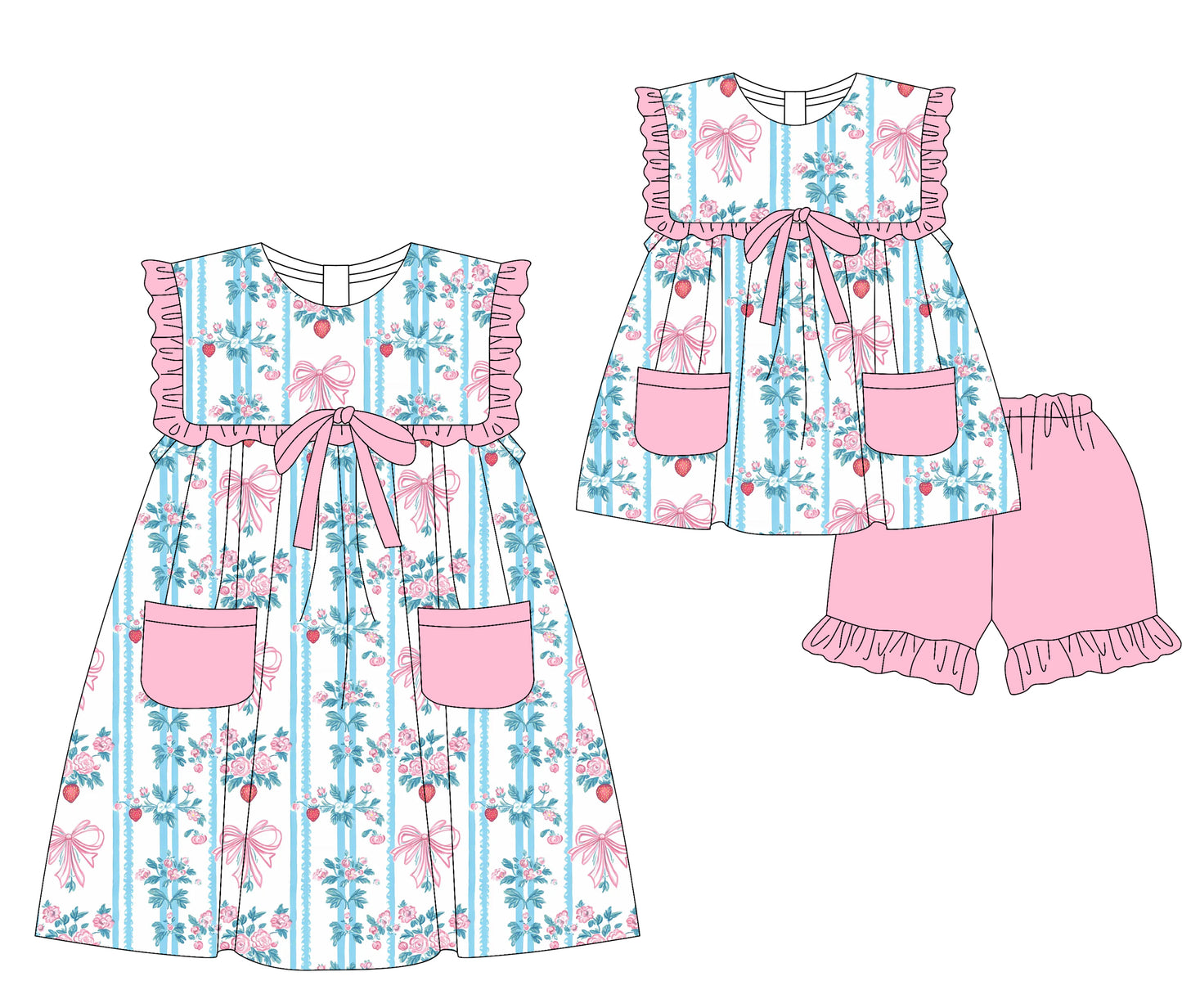 3.5 custom each style moq 5eta 4-6week Sibling Sister floral bow baby girl short sleeve shorts sets and dresses match design