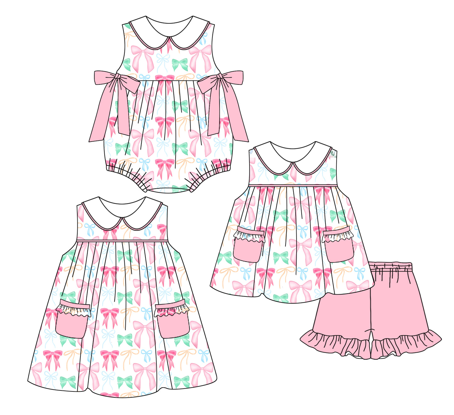 2.21 custom each style moq 5eta 4-6week Sibling Sister bow baby girl short sleeve shorts sets and dress and rompers match family design