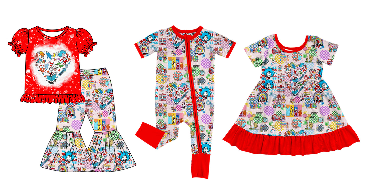 11.30 custom each style moq 5eta 4-6week Sibling Sister dr seuss red baby girl sets and dress and rompers match family design