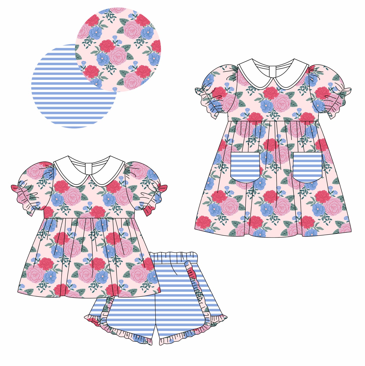 11.25 custom each style moq 5eta 4-6week Sibling Sister floral baby girl short sleeve shorts sets and dresses match design