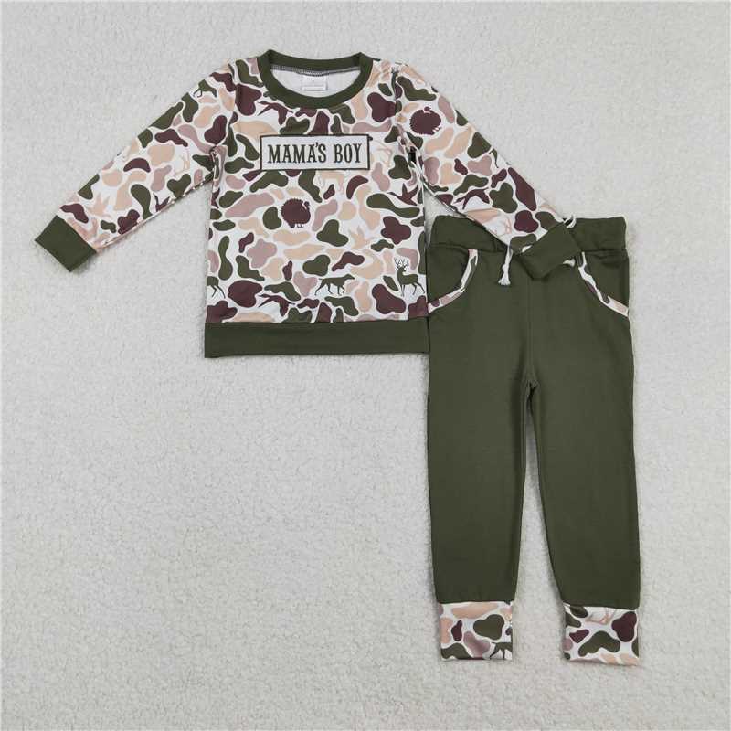 RTS NO MOQ(In Stock ) Embroidered Mama's Boy Duck and Puppy Camouflage Long-Sleeved Pants set