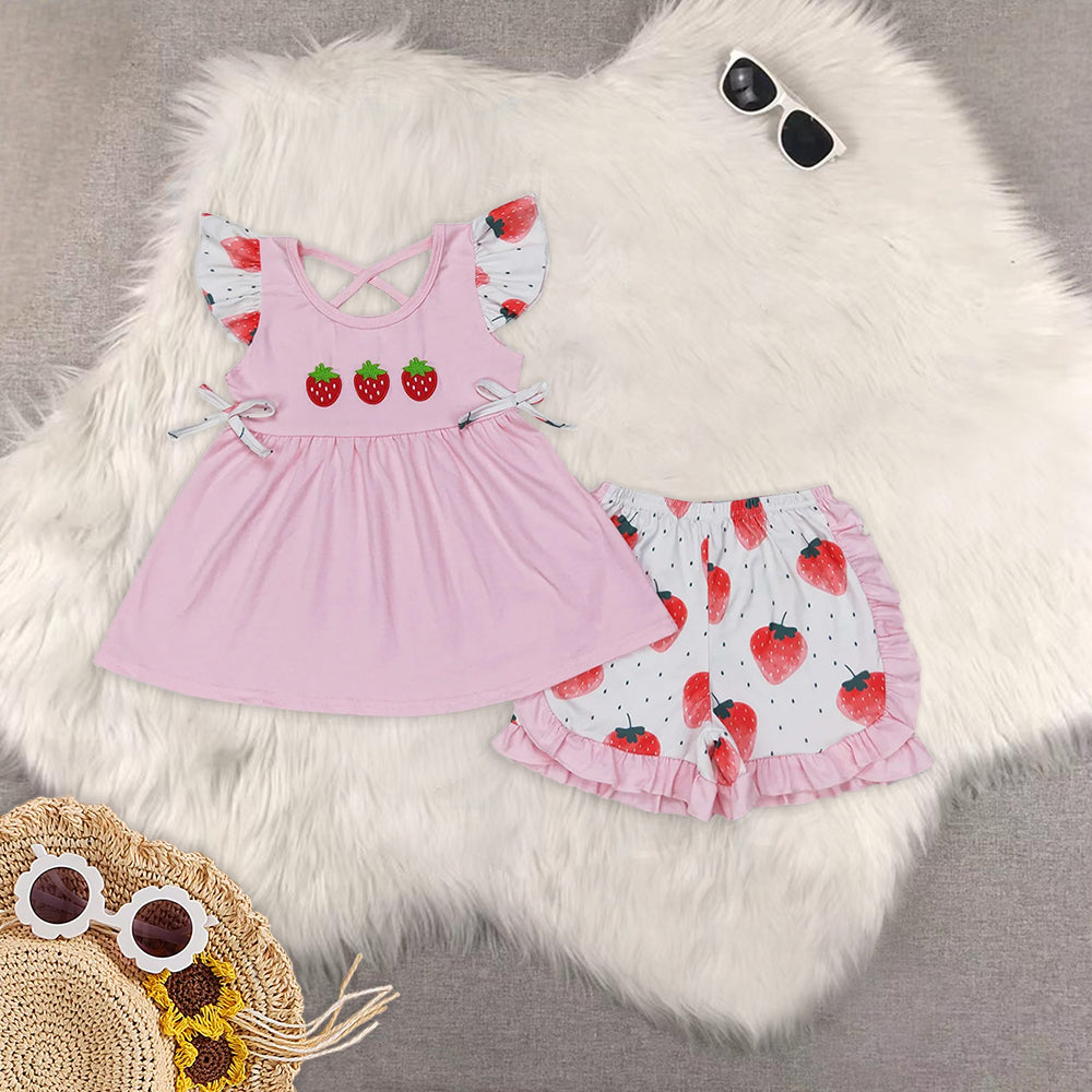 RTS NO MOQ girls clothes Embroidery short-sleeved shorts suit & short-sleeved sets