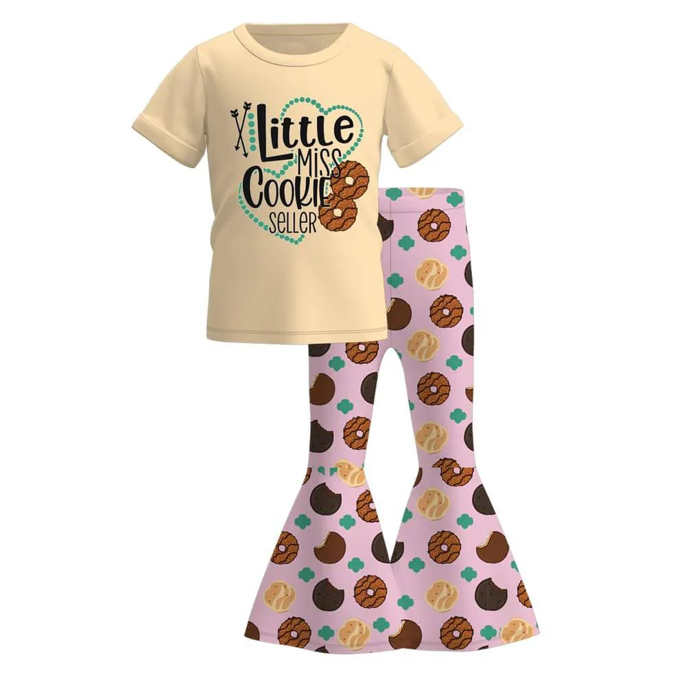 Deadline October 5 custom no moq eta 6-8weeks Alphabet Donut Pattern Apricot Short Sleeve Top-Pink Flared Pants Set