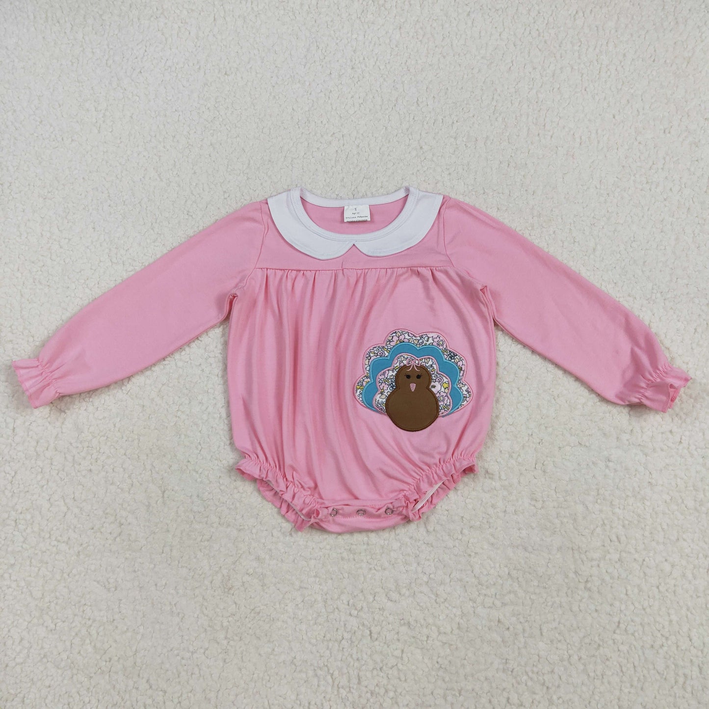 RTS NO MOQ(In Stock ) LR2262 Embroidered Turkey Doll Collar Pink Long Sleeve Bodysuit