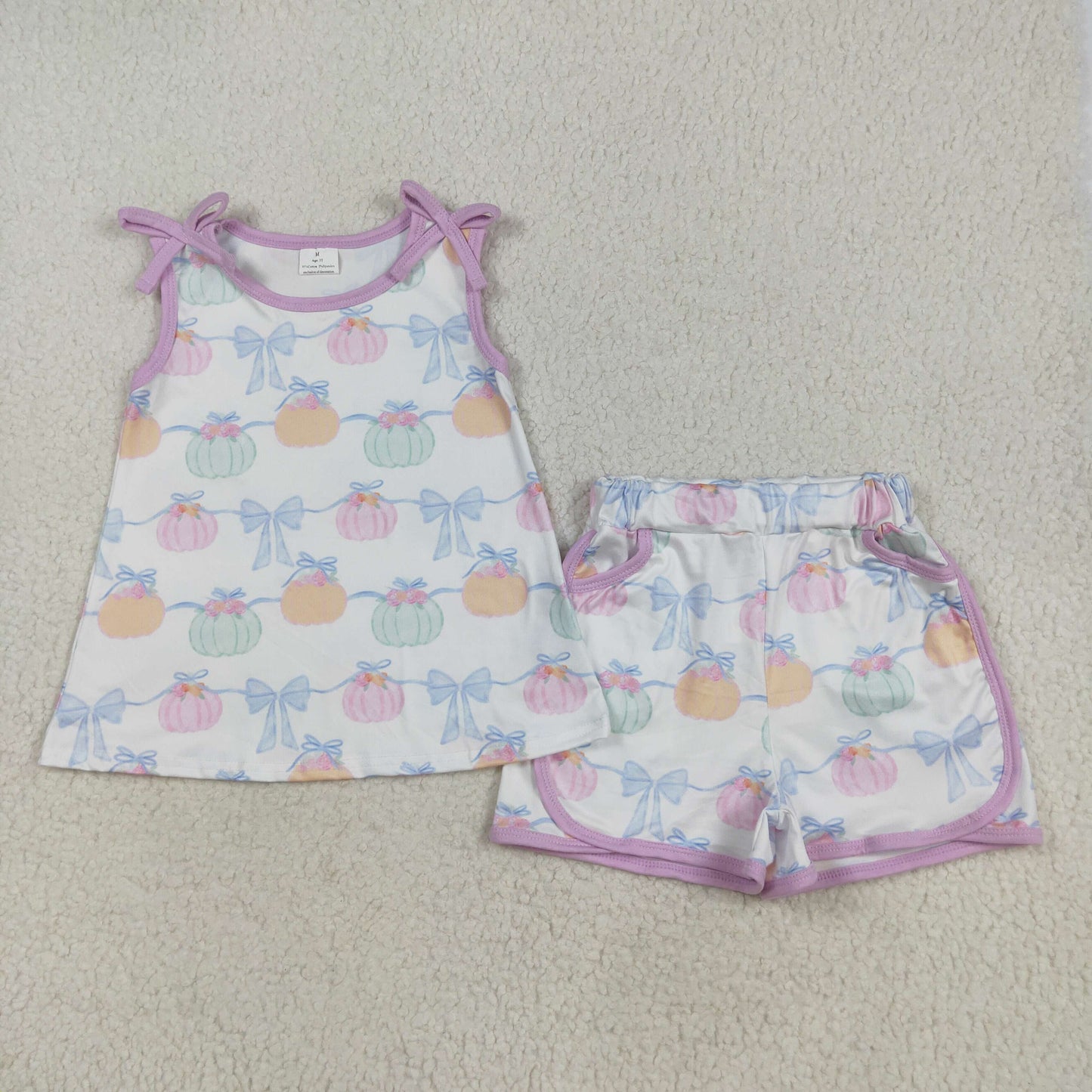 RTS NO MOQ(In Stock) GSSO2668 Pumpkin bow pattern pink and white sleeveless shorts set