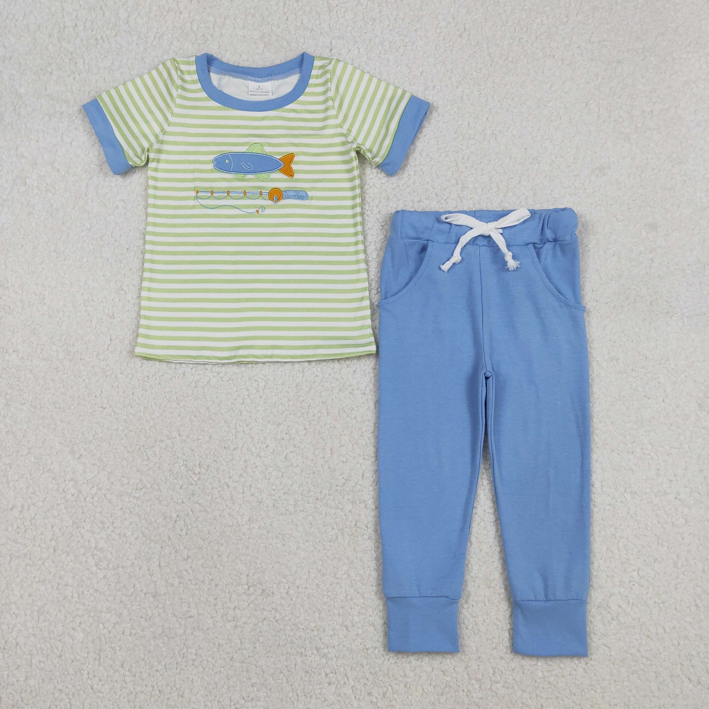 RTS NO MOQ(In Stock) Embroidered fishing rod green striped short-sleeved blue pants set