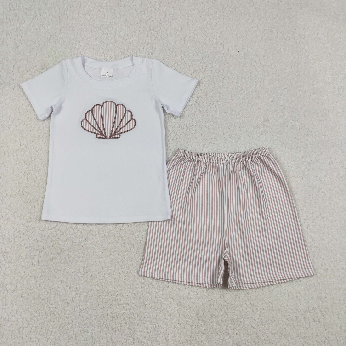 RTS NO MOQ(In Stock) Embroidered Seashell White Short-Sleeve Striped Shorts Set