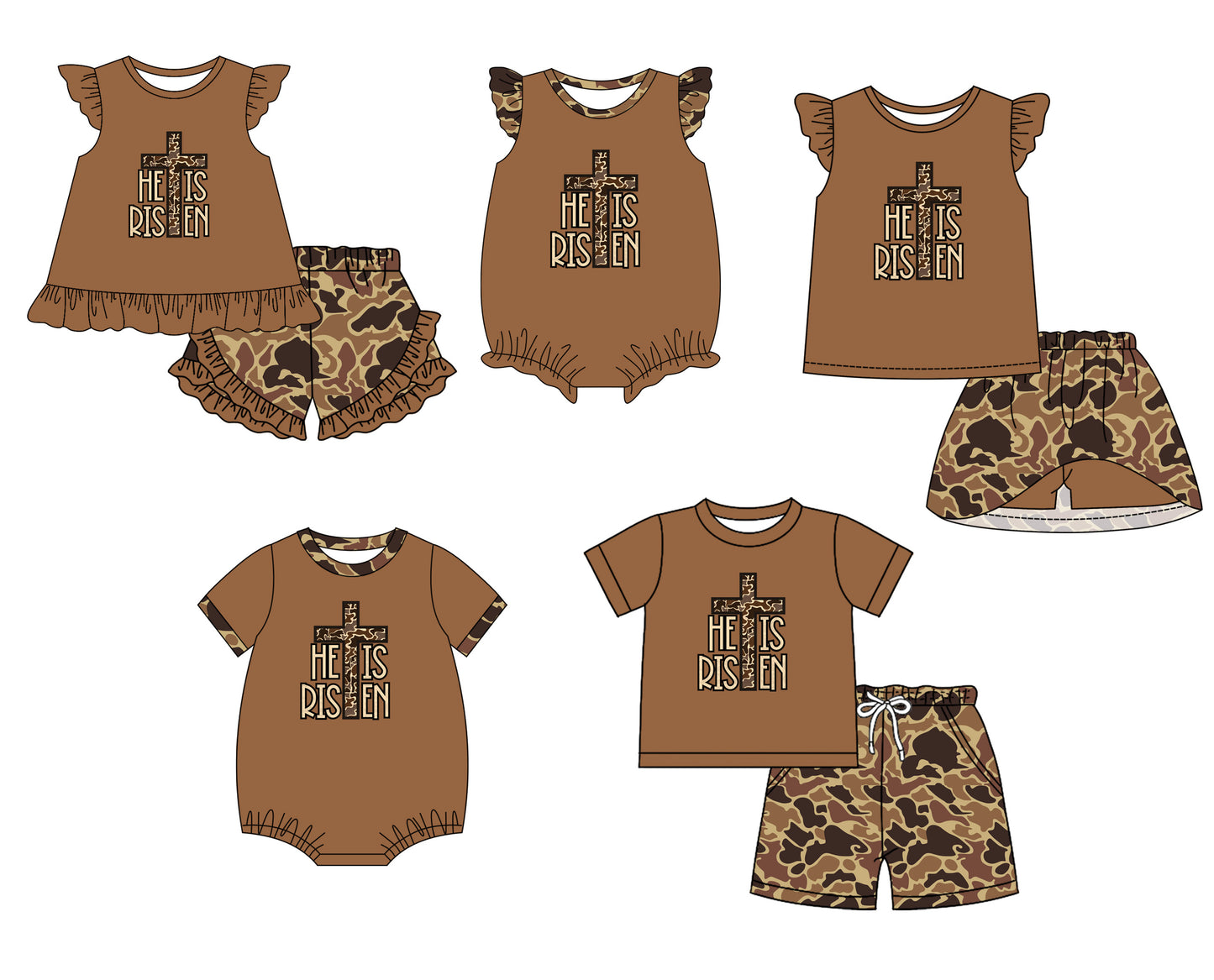 11.30 custom each style moq 5eta 4-6week Sibling Sister easter HE IS RISEN camouflage baby girl short sleeve shorts sets and sets 2 and girls romper and boy romper and dress match design