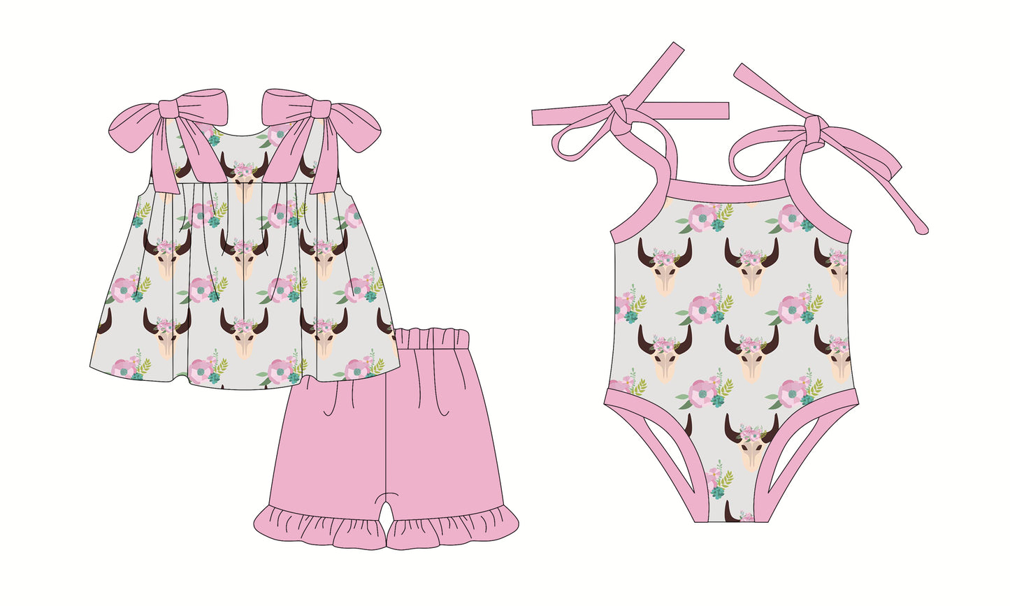 2.25 custom each style moq 5eta 4-6week Sibling Sister cow head floral baby girl short sleeve shorts sets and romper match design