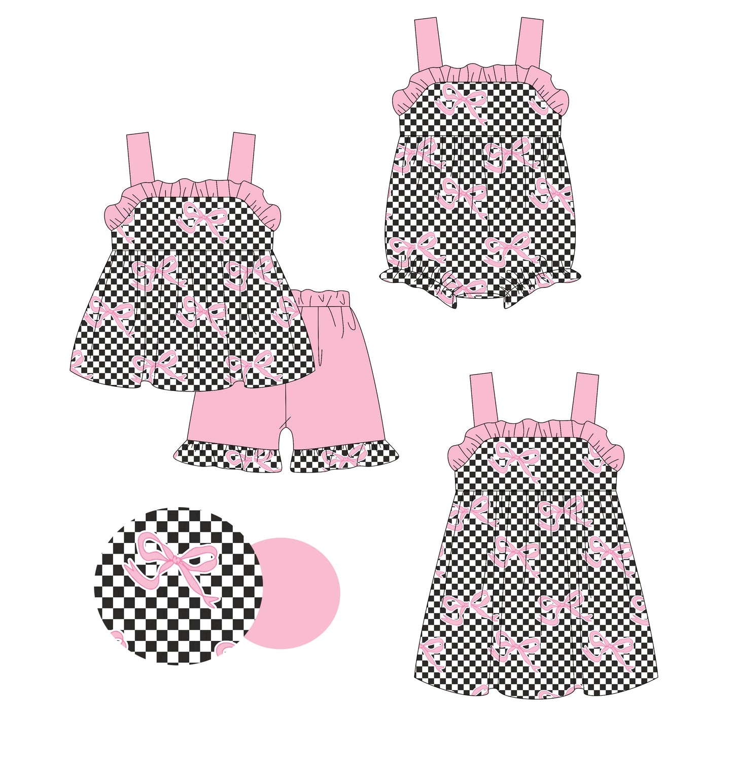 4.2 custom each style moq 5eta 4-6week Sibling Sisters bow plaid baby girl short sleeve shorts sets and dress and rompers match family design