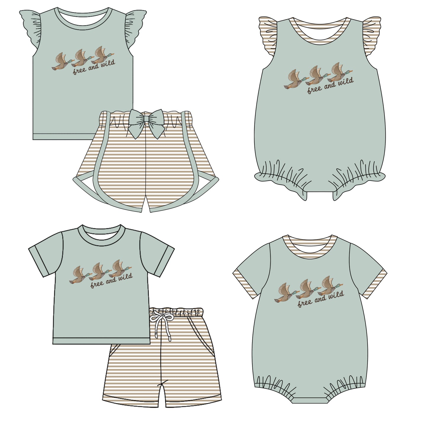 11.28 custom each style moq 5eta 4-6week Sibling Sister duck baby girl short sleeve shorts sets and sets 2 and girls romper and boy romper match design