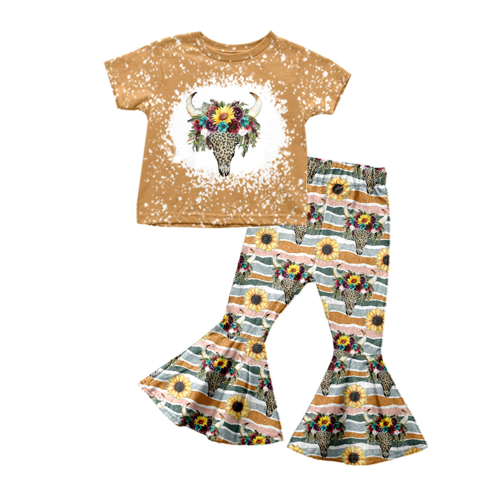 8.17 custom each style moq 5eta 4-6week baby girls clothes cow head sunflower short sleeve pants sets