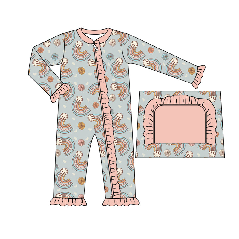 8.2 custom each style moq 5eta 4-6week Sibling Sister rainbow smiley baby girls sets and dress and rompers match family design
