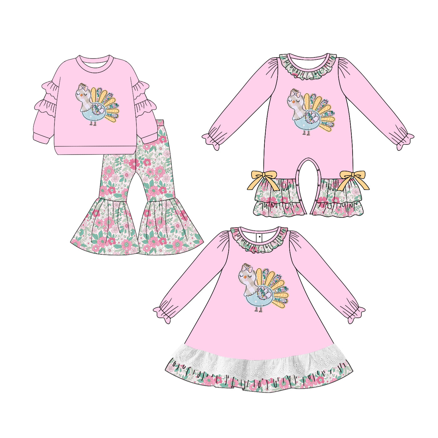 25.5.26 custom each style moq 5eta 4-6week Sibling Sisters turkey pink baby girl long sleeve pants sets and dress and rompers match family design