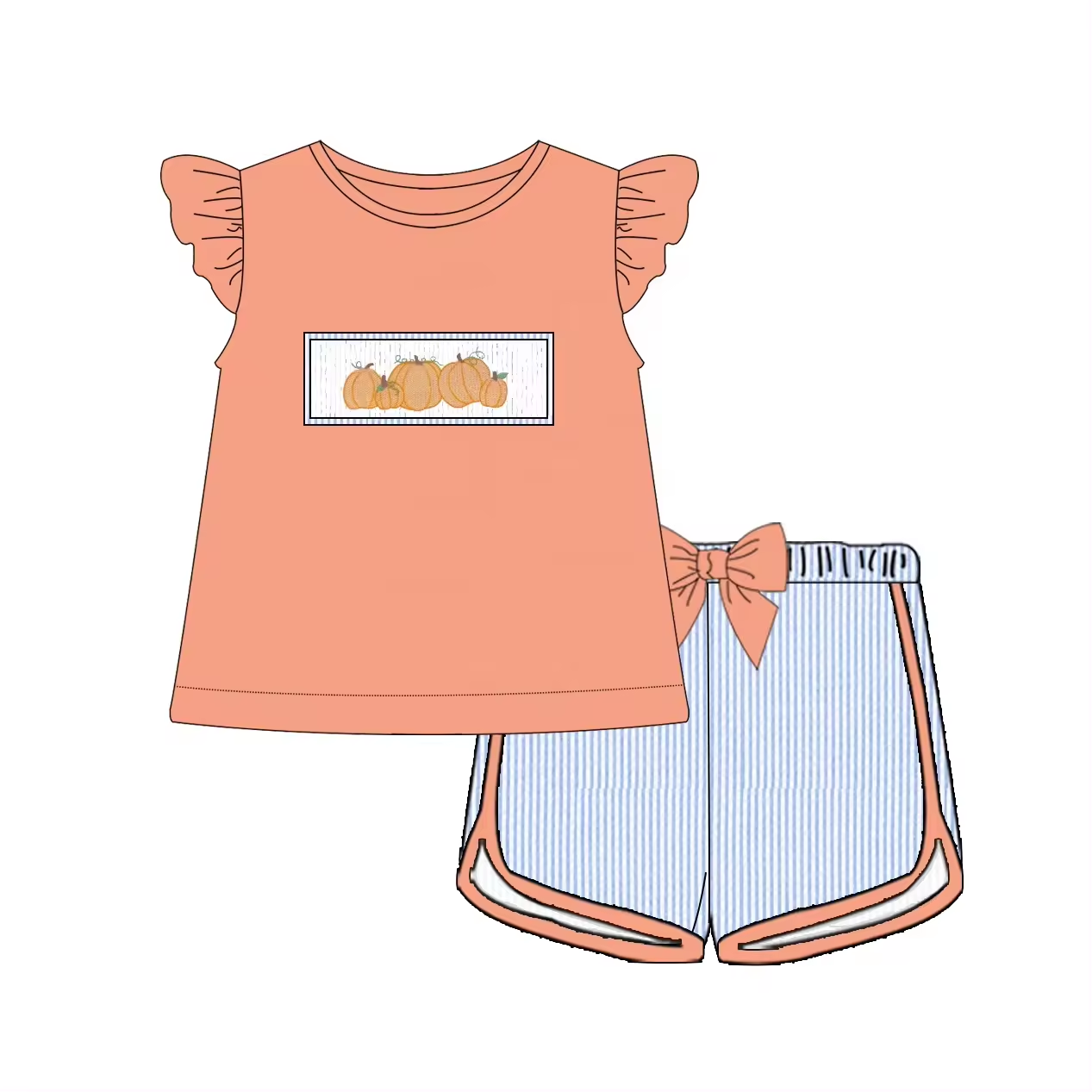 5.21custom each style moq 5eta 4-5week Sibling Sister pumpkin print orange girls and boys outfits and baby romper match family design