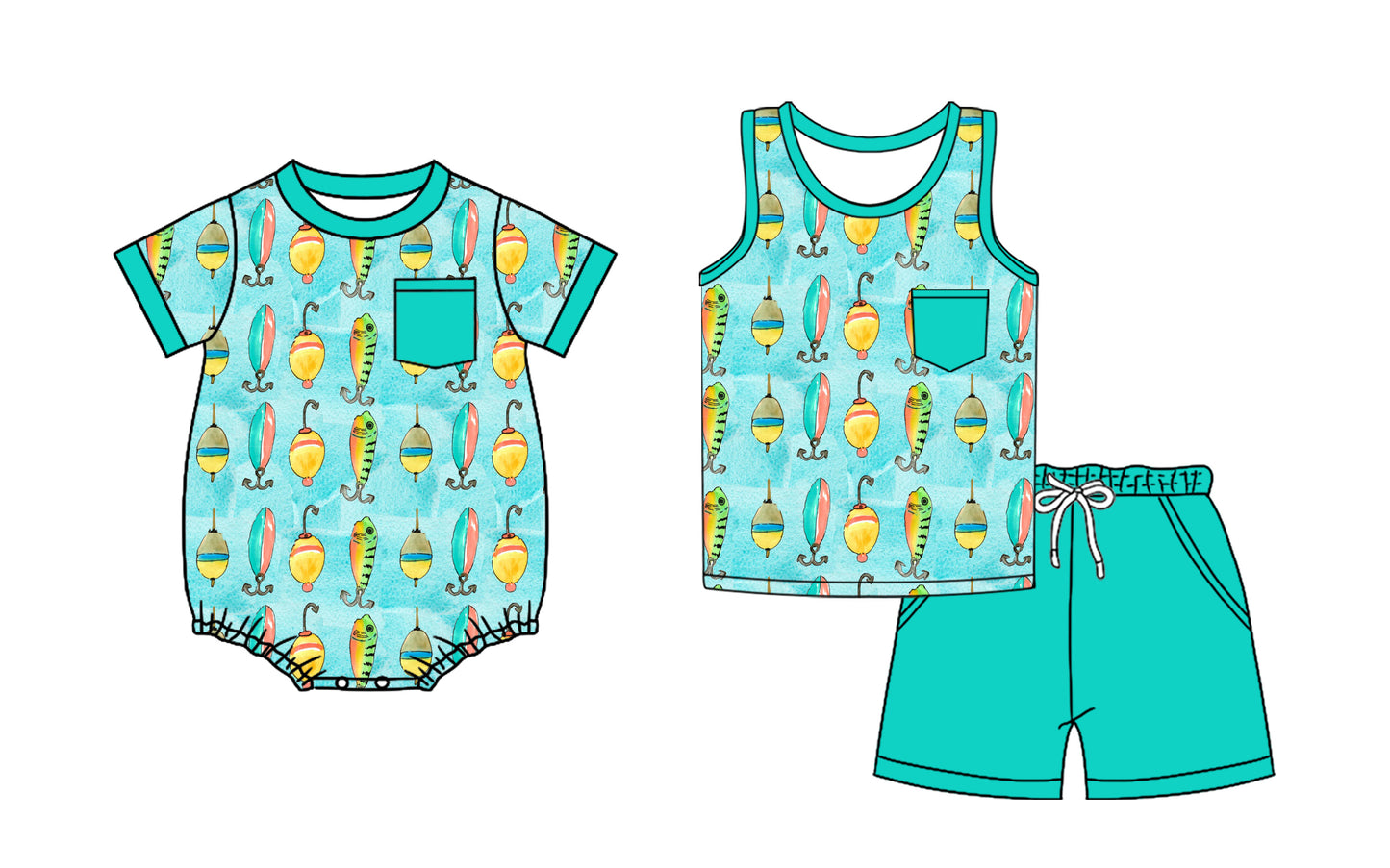 3.21 custom each style moq 5eta 4-6week Sibling Sister fishing baby boy short sleeve shorts sets and romper match design