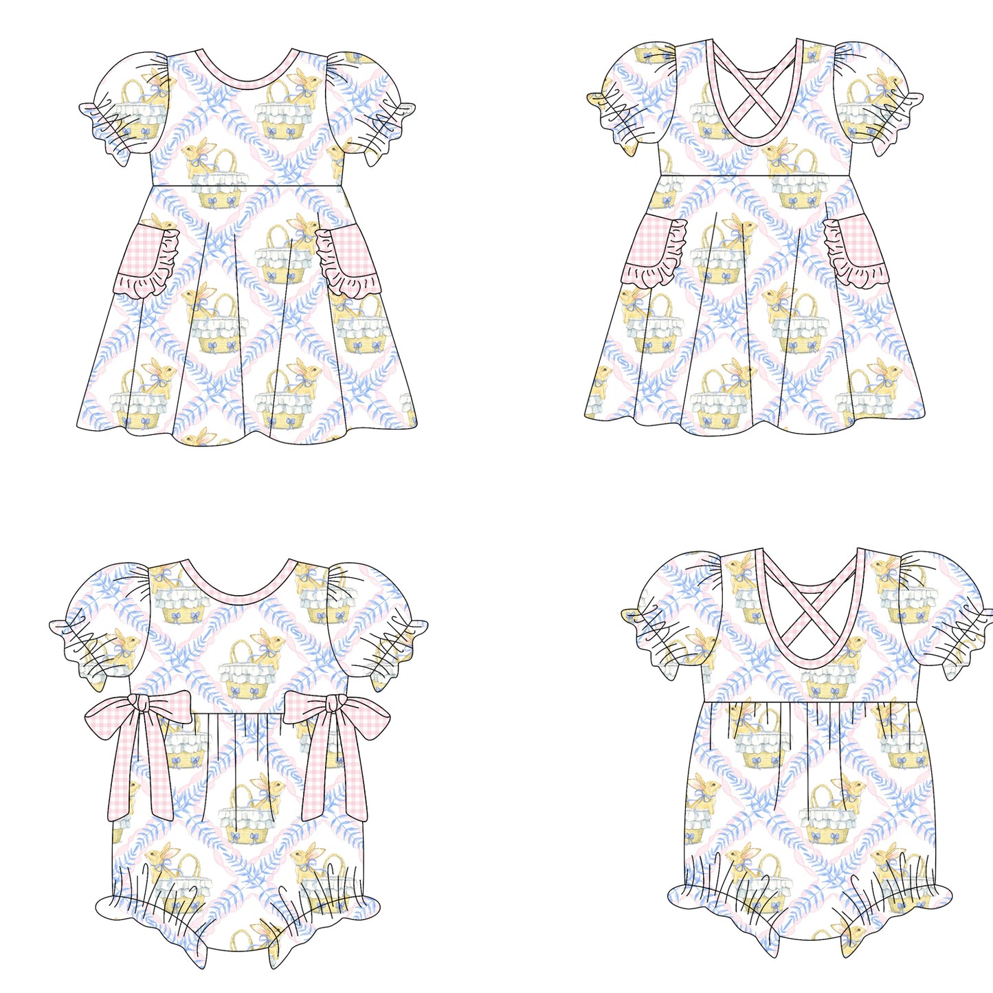 25.10.9 custom each style moq 8 eta 6-8week Sibling Sisters bunny basket baby girl short sleeve dress and romper match family design