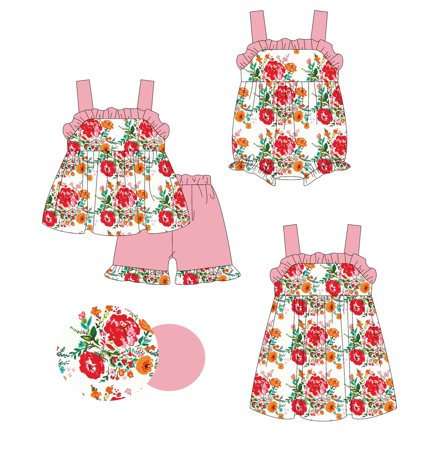 2.28 custom each style moq 5eta 4-6week Sibling Sister floral baby girl short sleeve shorts sets and dress and rompers match family design